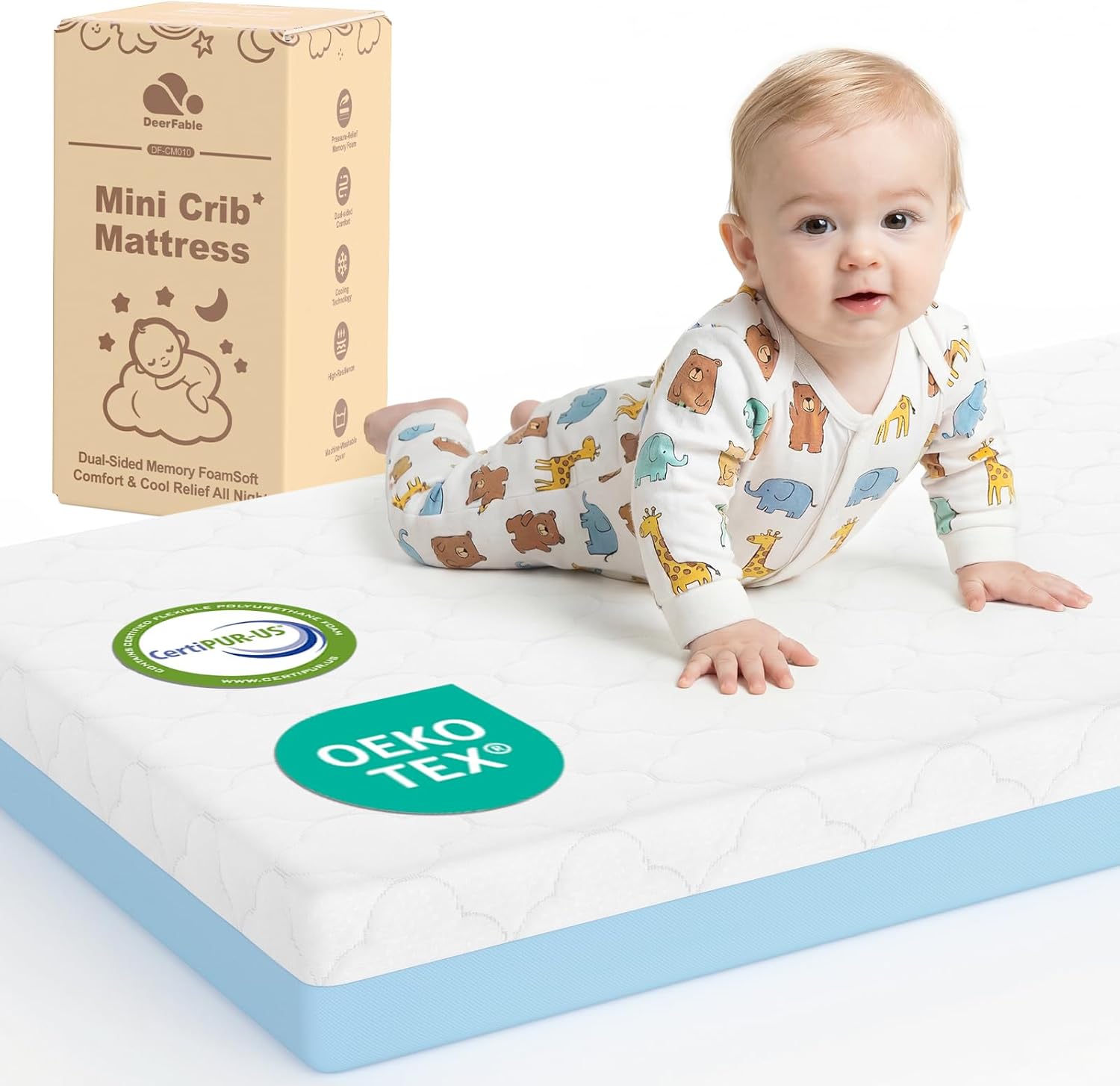 DeerFable dual sided pack and play mattress front view
