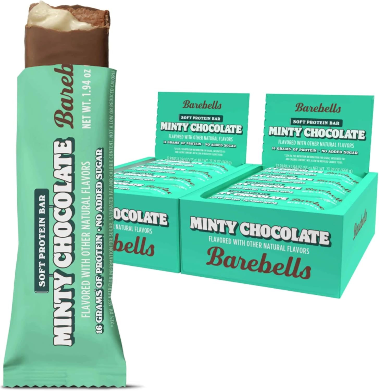 Barebells Soft Protein Bars Minty Chocolate front view packaging for high protein snack.