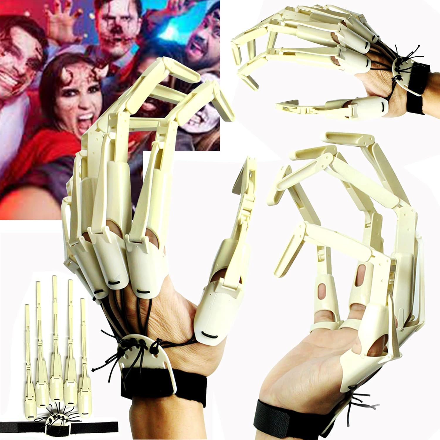 YLSAZL Halloween articulated fingers extensions showing the full front view of the white skeleton hands.