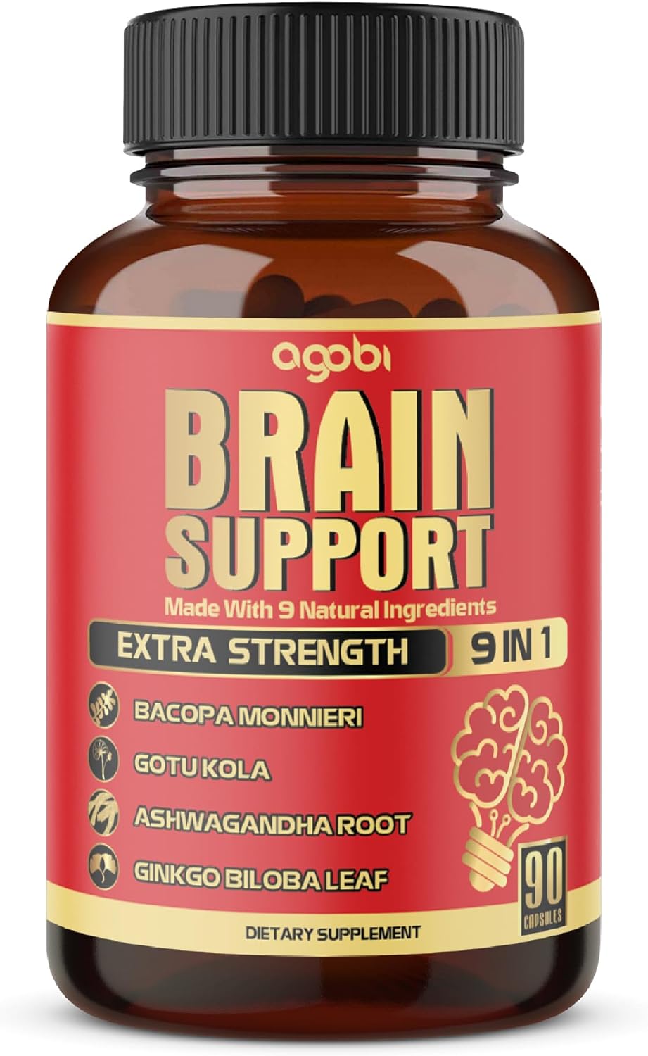 Agobi 9in1 Brain Support Supplement front bottle view for cognitive focus