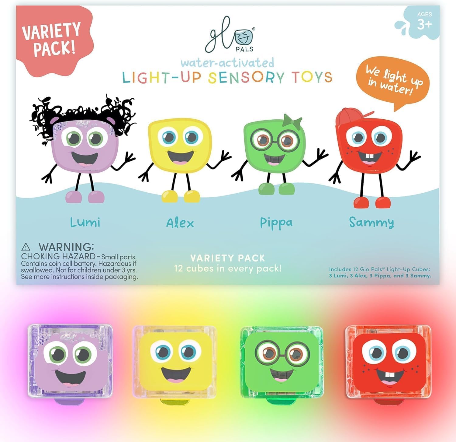Glo Pals water activated light up cubes 12 pack front view