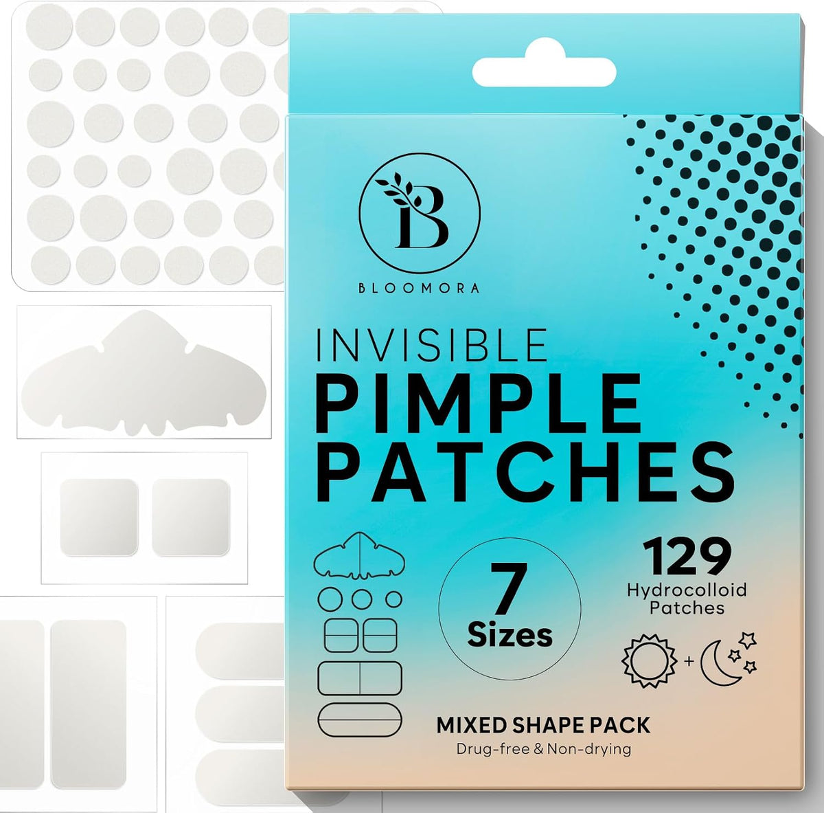 BLOOMORA Large Pimple Patches for Face, Hydrocolloid Pimple Patches, Variety Shapes Zit Stickers, Pimple Spot Care, Pimple Spot Care, Round, Moon, Rectangle, Oval (6 Sizes, 180 Count) - Image 9