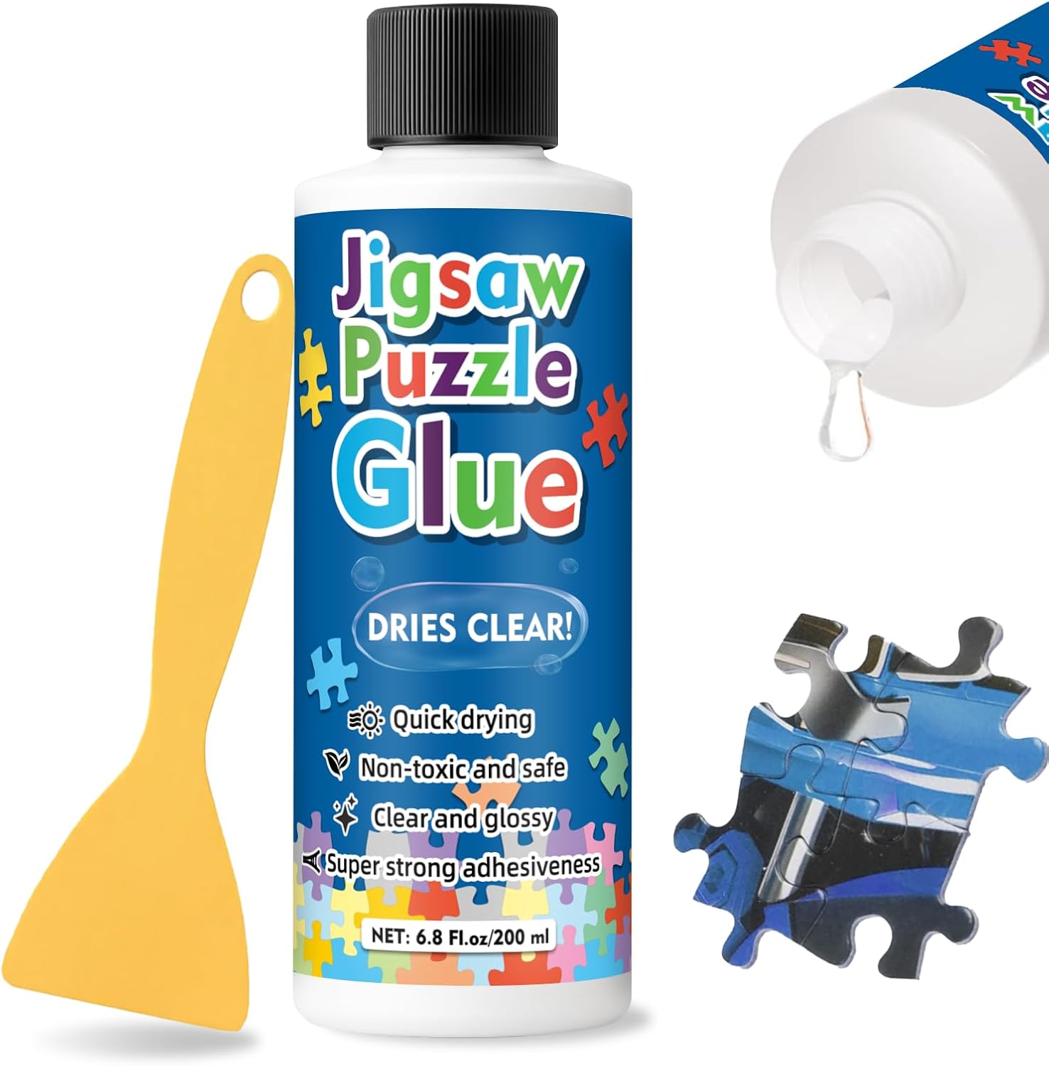 Mosconly clear jigsaw puzzle glue 200ml front view showing bottle and yellow squeegee applicator