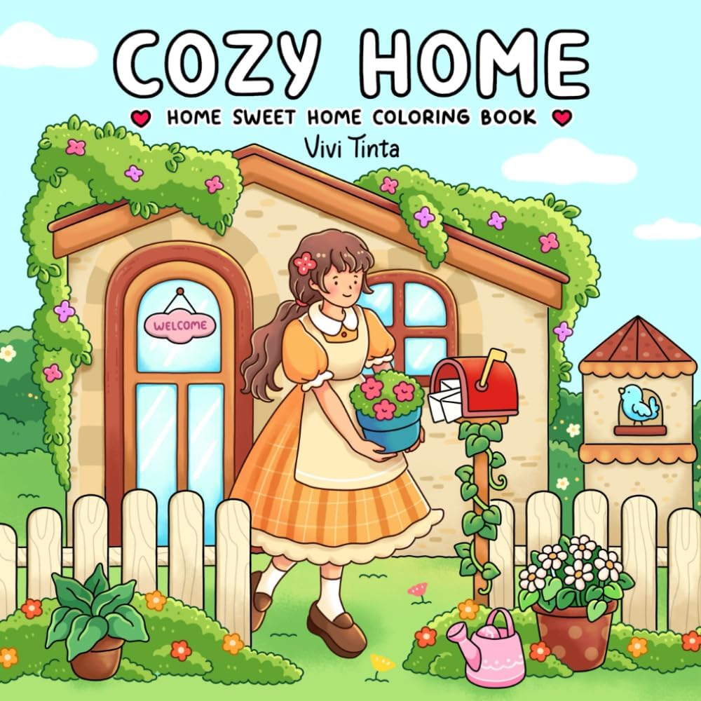 Vivi Tinta Home Sweet Home coloring book front cover view showing cozy house illustrations