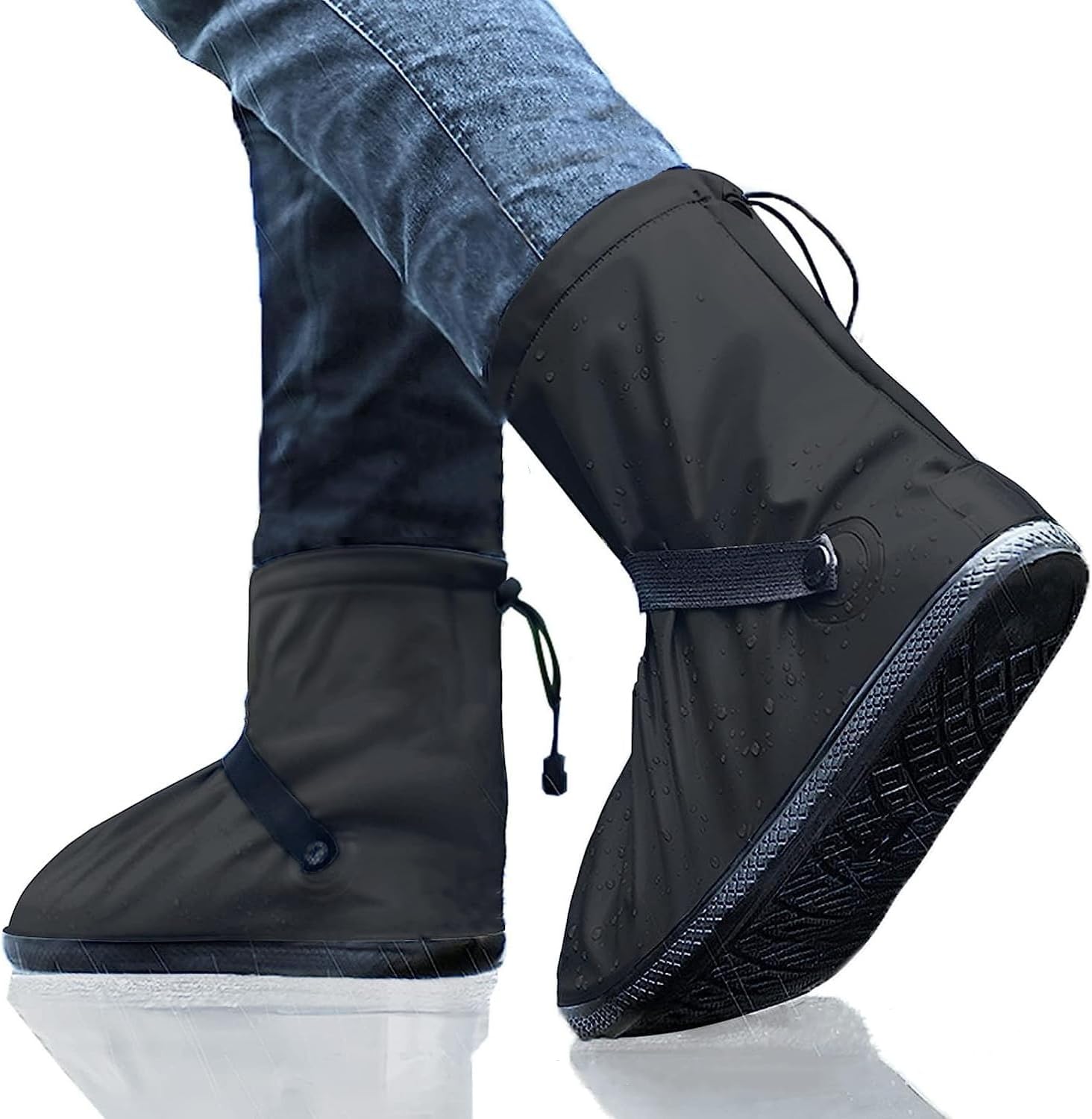 MLUUHK reusable waterproof shoe covers front view showing black protective fabric and zipper closure