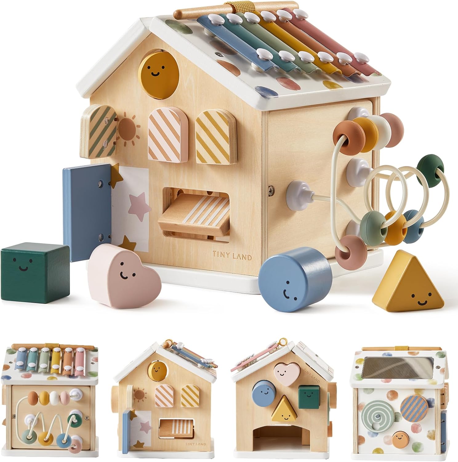 Tiny Land 9 in 1 wooden activity cube front view showing shape sorter and xylophone roof