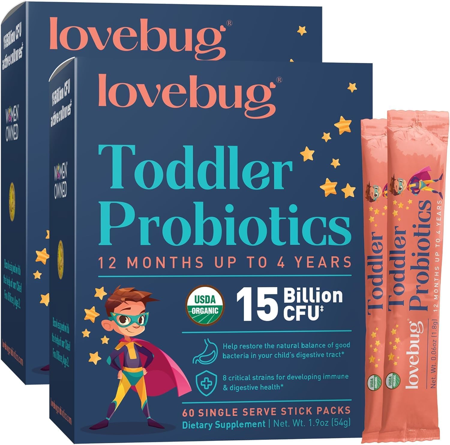 LoveBug Kids Probiotic Powder front view packaging showing organic certification