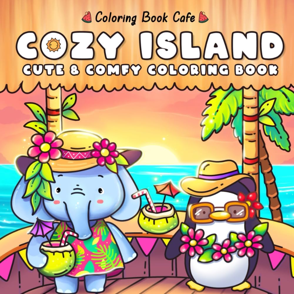 Cozy Island: Tropical Coloring Book for Adults and Teens Featuring Cute Animal Characters and Relaxing Island Adventures - Image 1
