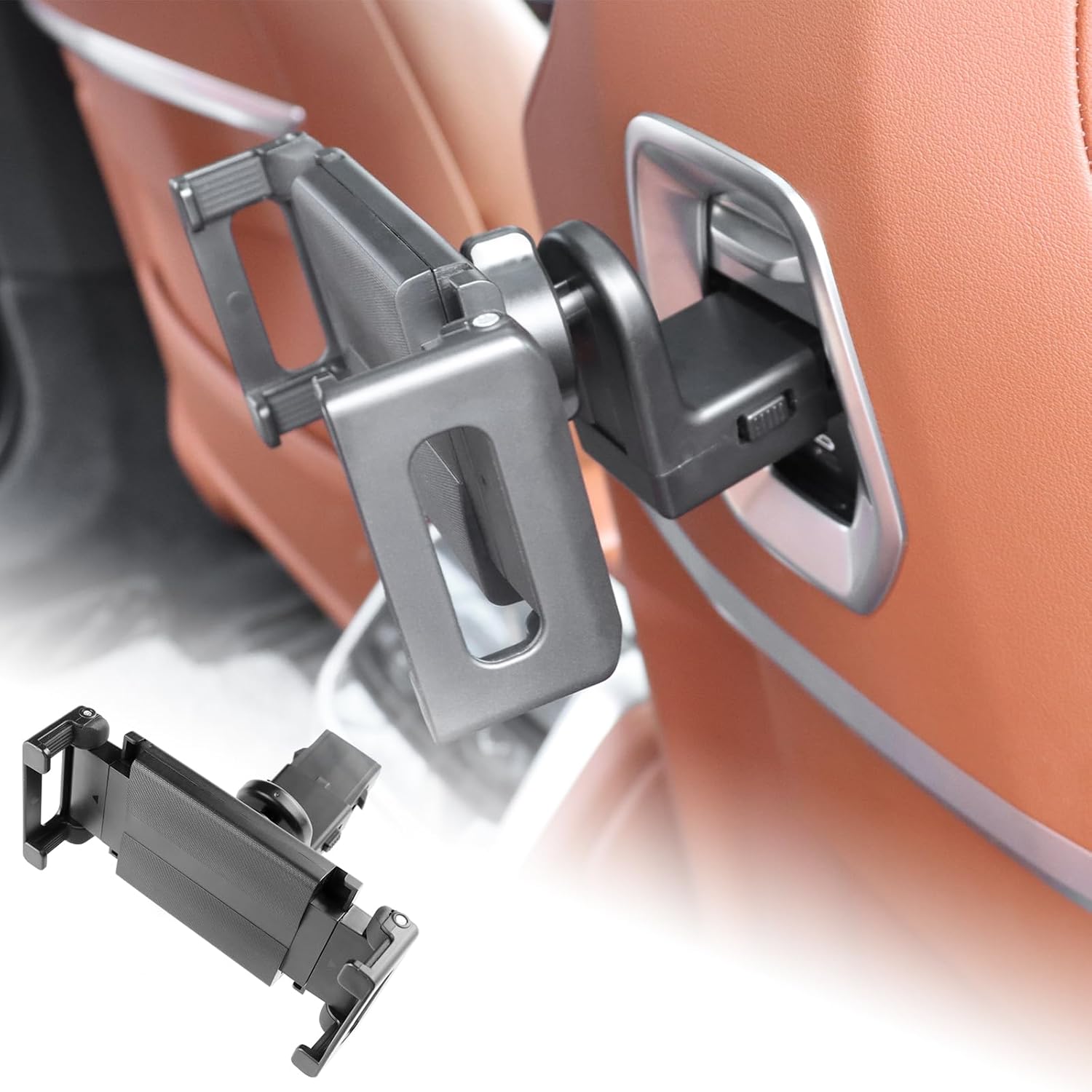 KUNGKIC car headrest tablet holder front view showcasing black gravity clamp mechanism inside luxury vehicle cabin.
