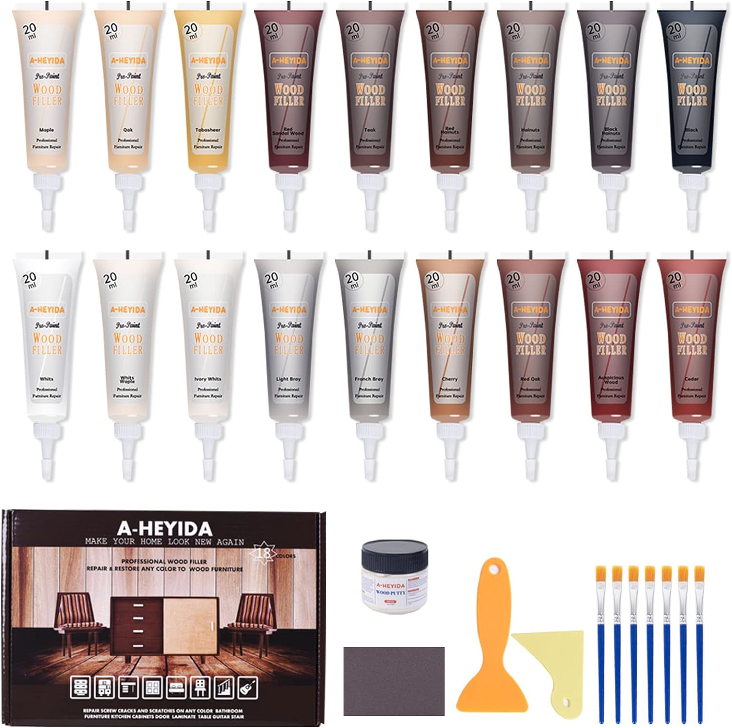 A-Heyida Wood Furniture Repair Kit front view 18 color resin tubes