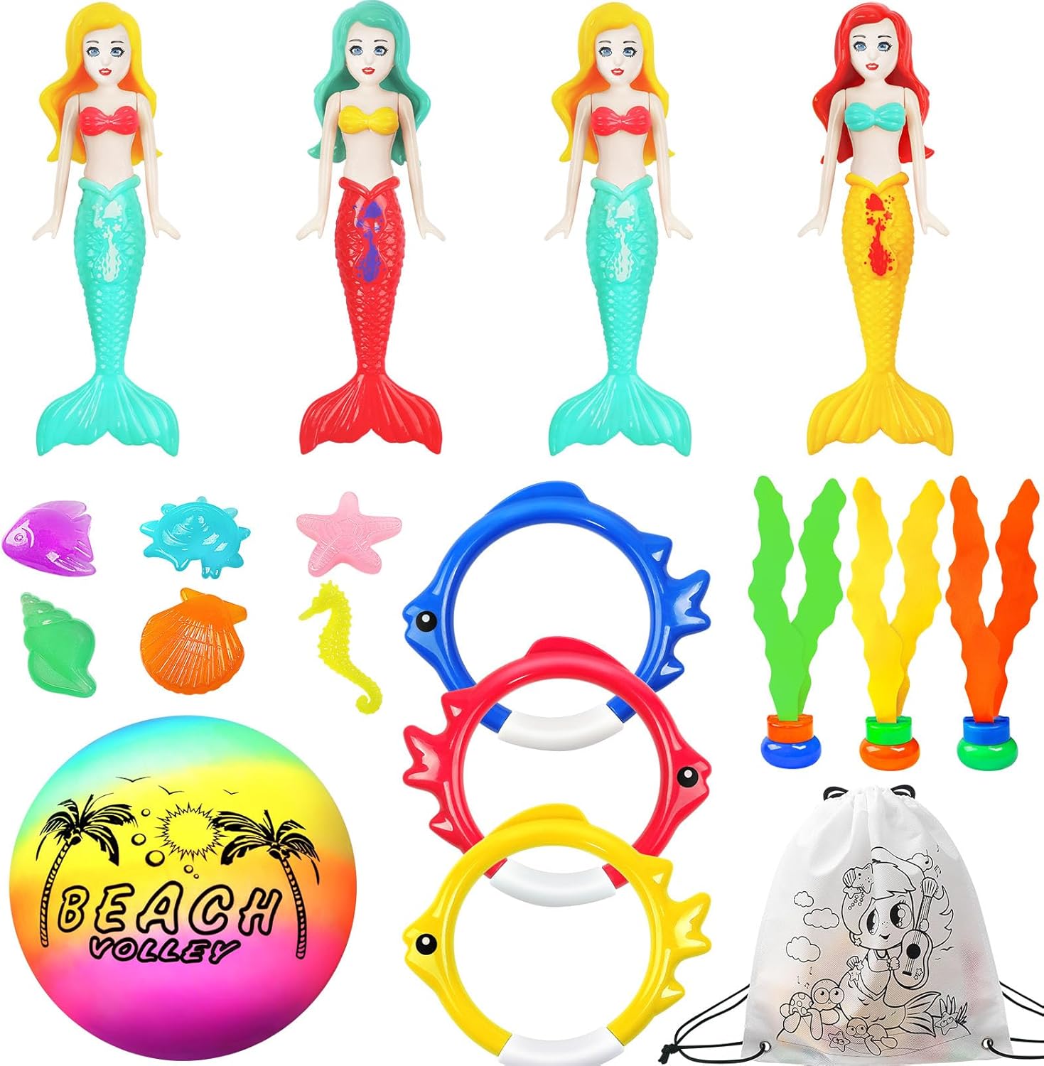 DISHIO mermaid diving pool toys front view showing full 18 piece set outside the water.