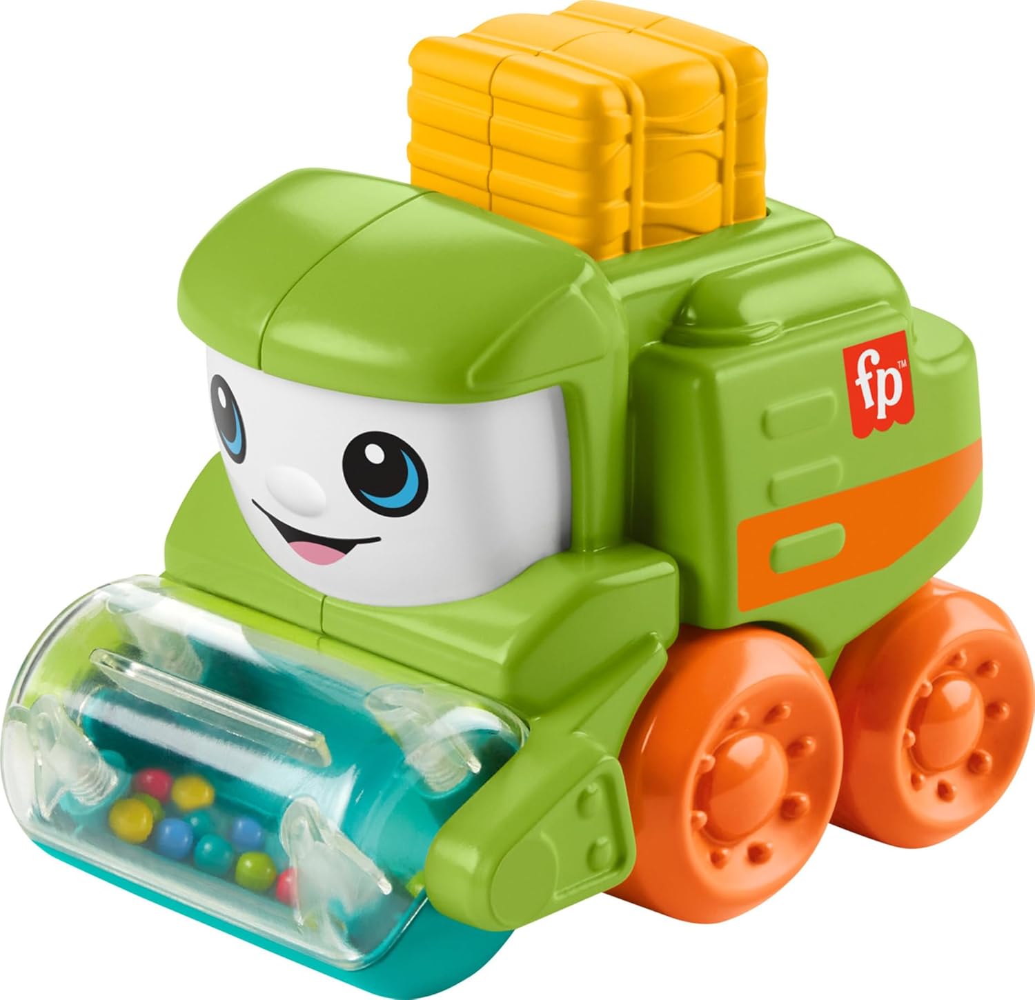 Fisher-Price Rollin Tractor push-along infant toy front view showing smiling face and clear rattle bead roller.