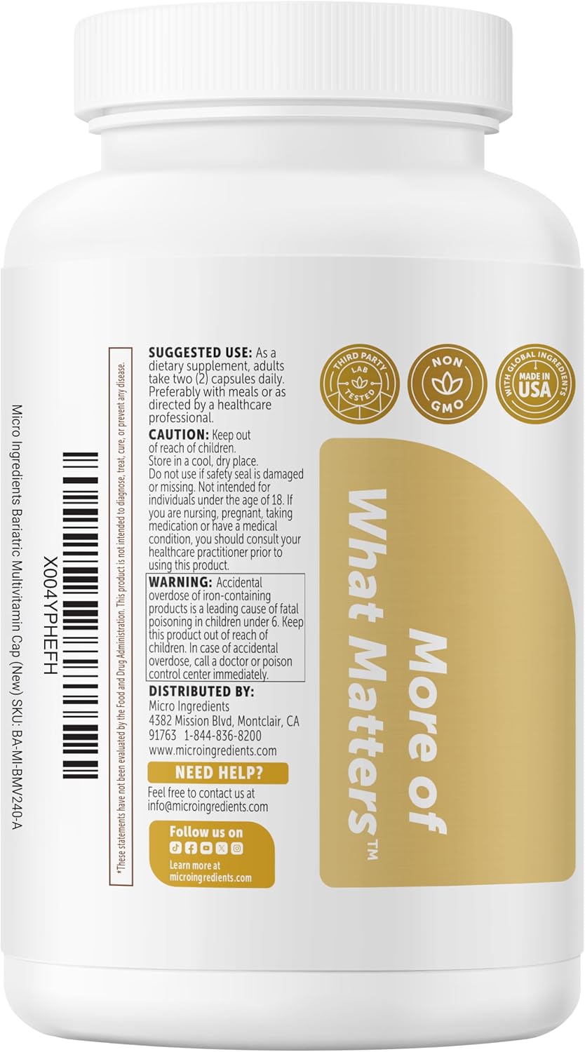 Micro Ingredients Bariatric Multivitamin with Iron, 240 Ct, 4 Month Supply | 45 mg Iron Per Serving. 23-in-1 Essential Vitamins with Thiamine, D3, Biotin, Methylated B12 & Folate. Filler Free, Non-GMO. - Image 9