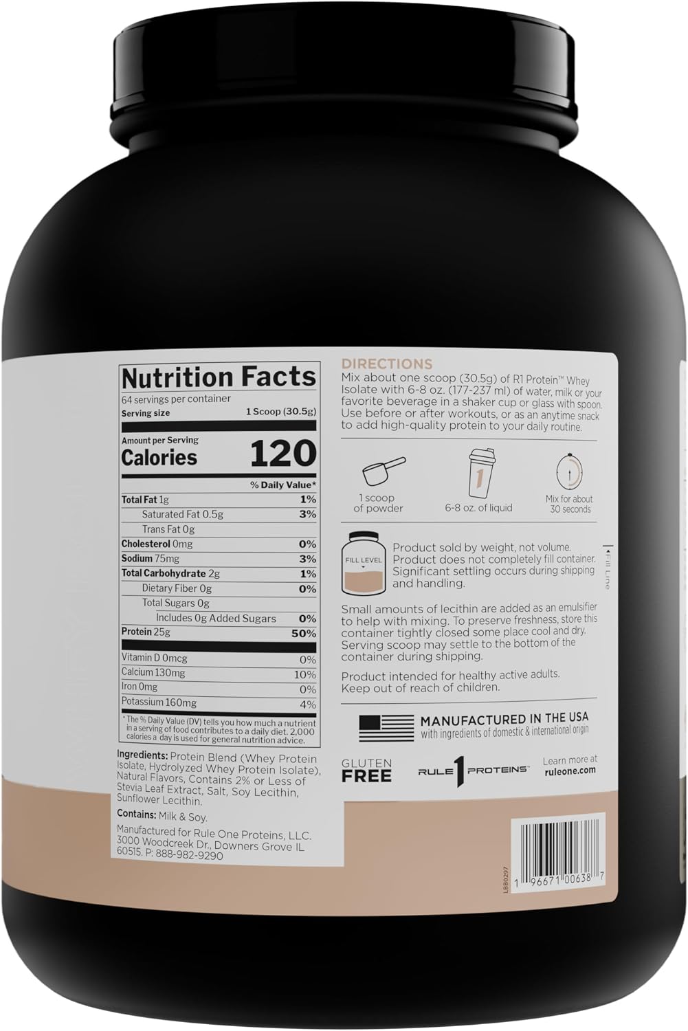 Rule 1 pure vanilla protein powder packaging nutritional panel