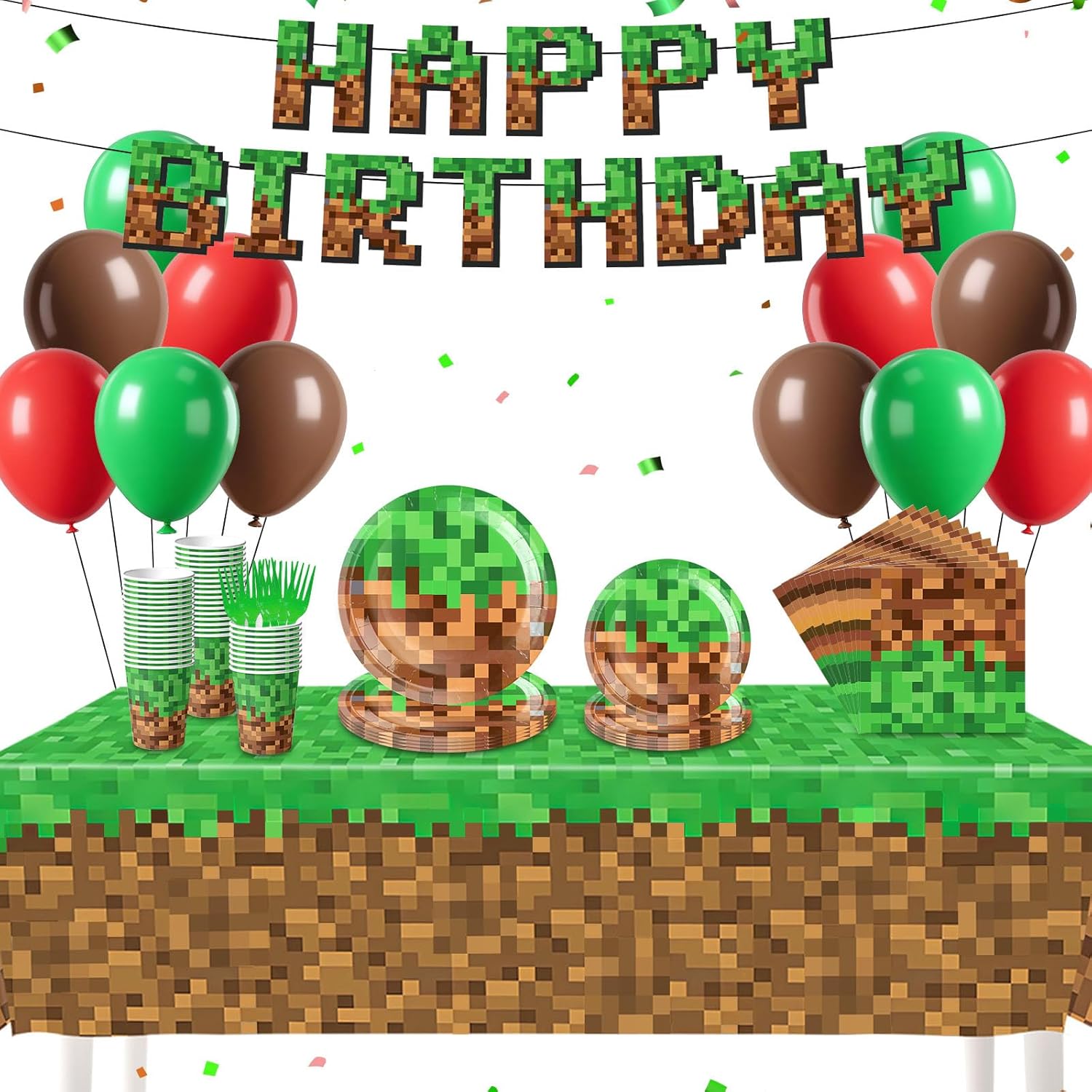 Nolaroth 134 pieces pixel birthday party supplies set front view
