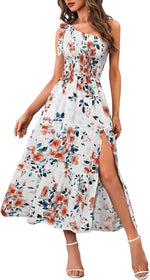 MEROKEETY Womens One Shoulder Smocked Summer Sleeveless Midi Dresses | Side Slit, Tiered, High Waist, Shoulder Tie, Flowy, A Line, Formal, Cocktail Party, Wedding Guest, Beach, Vacation Long Dress - Image 10