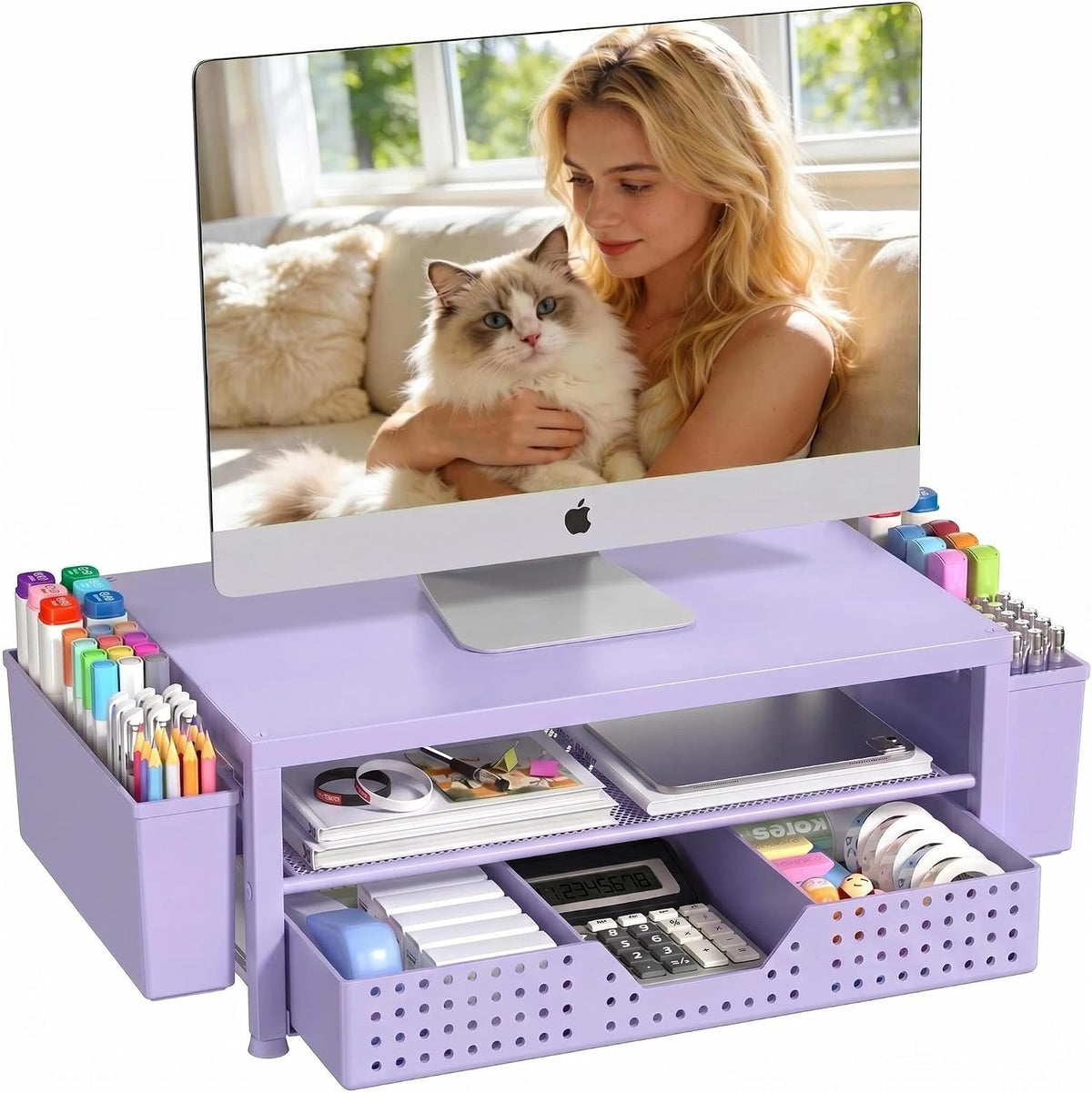 Desk Organizers and Accessories, Computer Monitor Stand Riser with Drawer and 2 Pen Holders, Printer & Laptop Stand, Office Desk Accessories & Workspace Organizers for Home Office Supplies, Green - Image 11