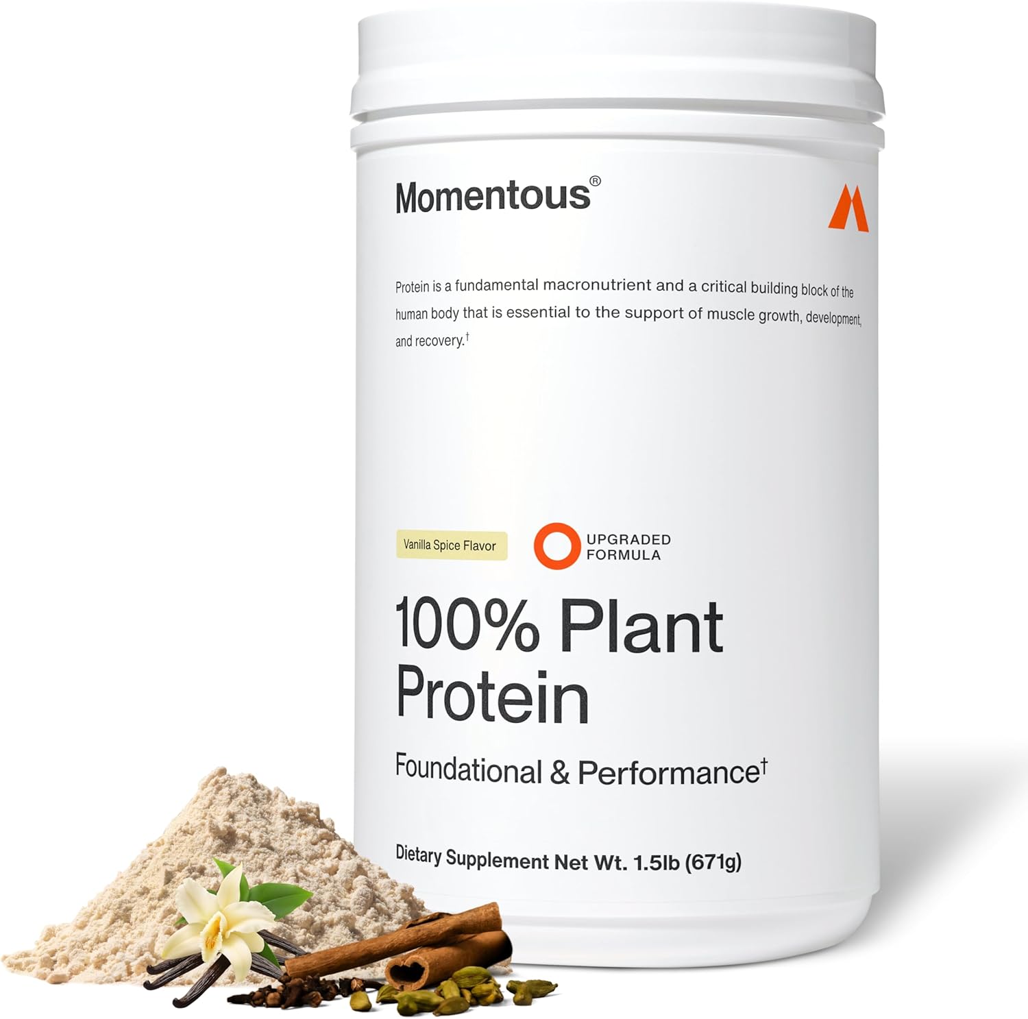 Momentous Vegan Protein Powder Vanilla Spice front view for muscle recovery