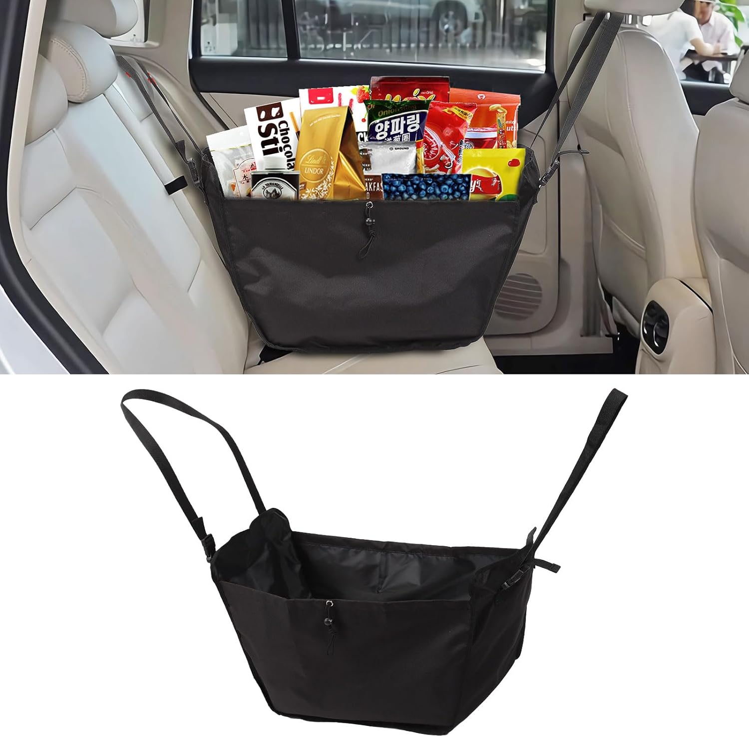 Ecoshire Multifunctional Car Seat Organizer front view installed on a passenger seat showing large capacity storage.