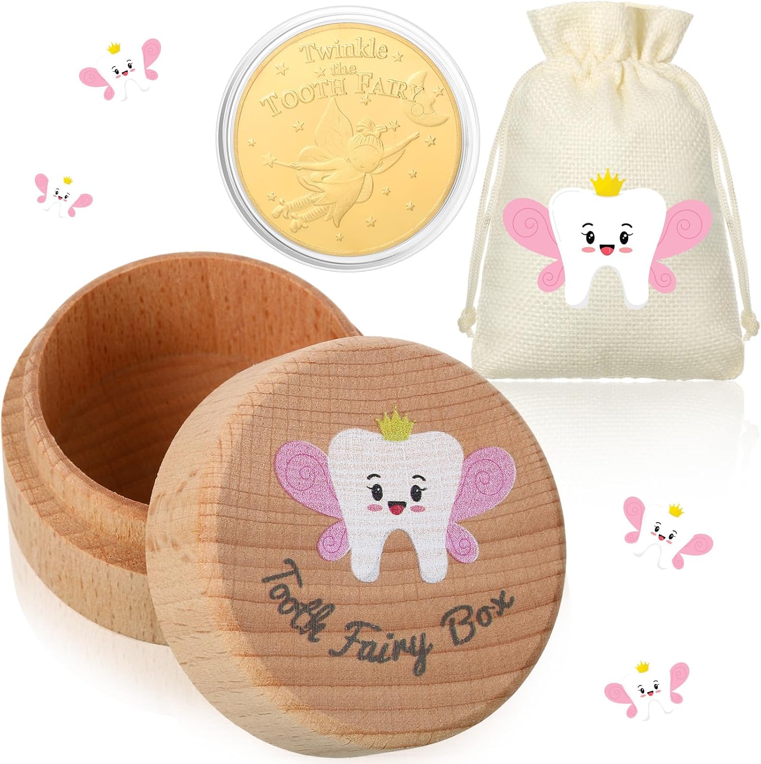 Equsion tooth fairy gift set with wooden box and unicorn pouch