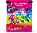 Close up view of colorful heart and rainbow shaped gummy candies from the IT'SUGAR Flavorites mix.