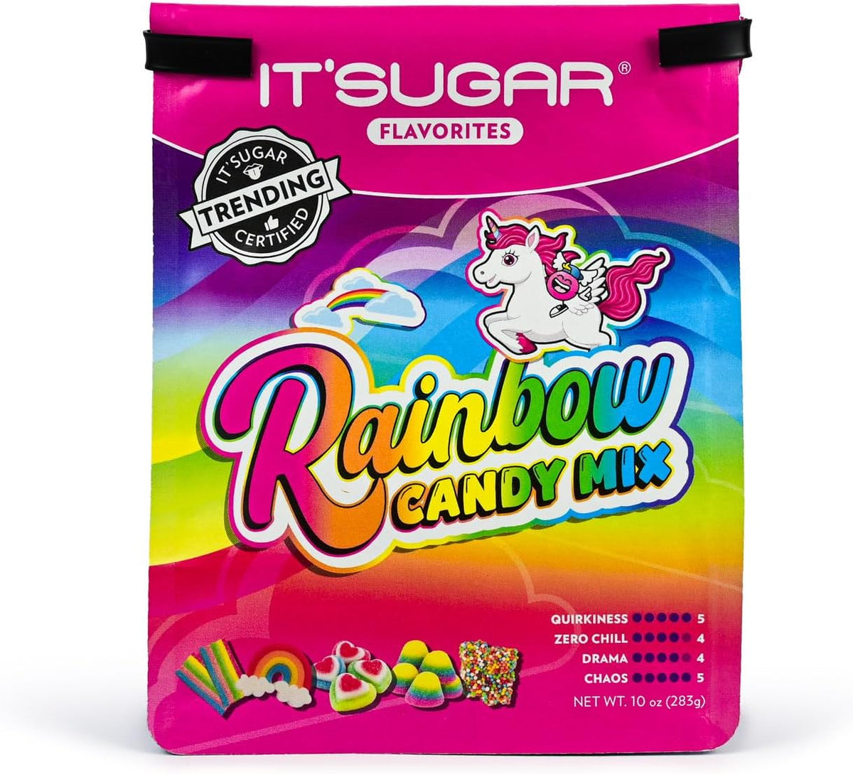 Close up view of colorful heart and rainbow shaped gummy candies from the IT'SUGAR Flavorites mix.
