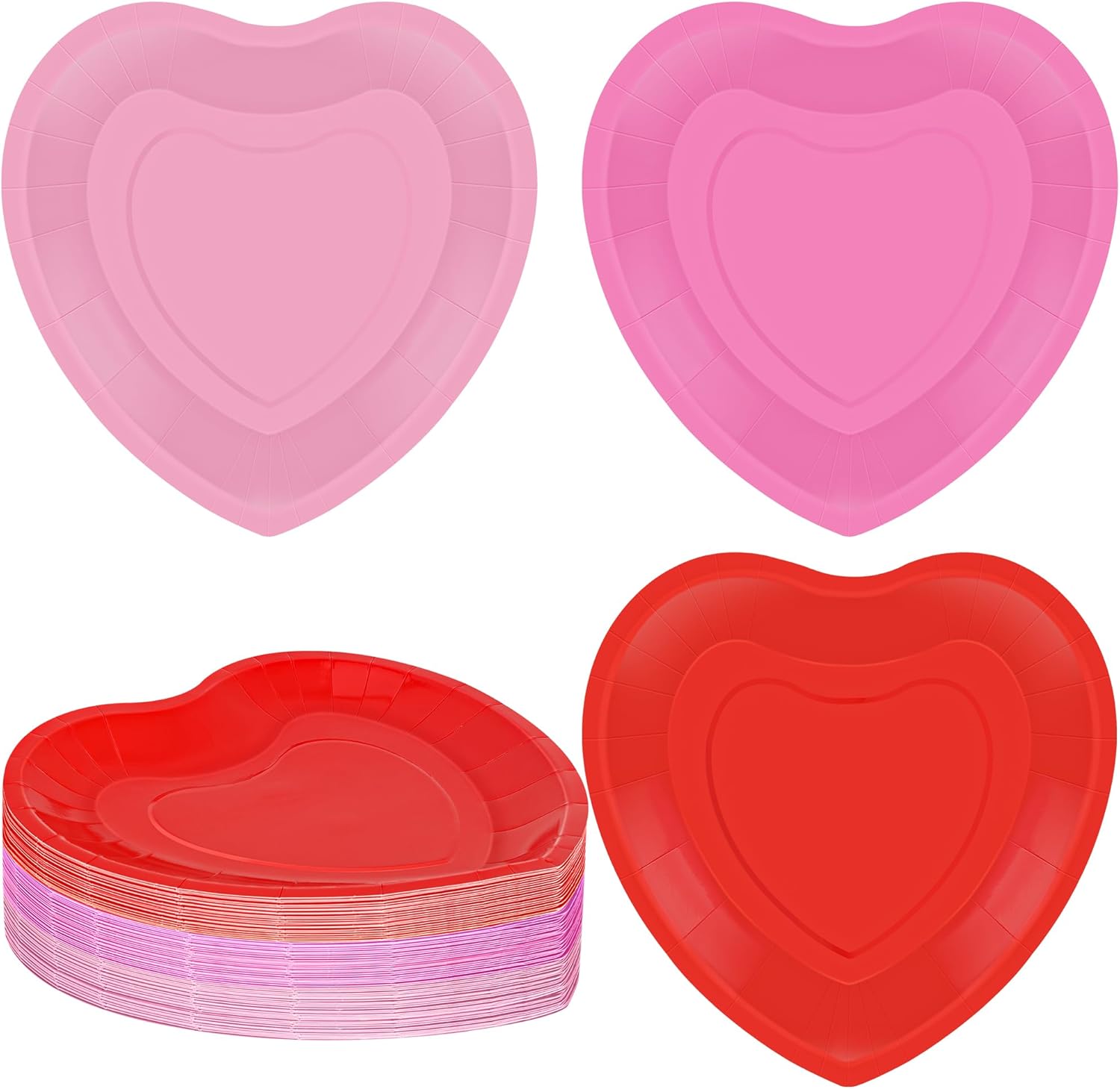 QZYL valentines heart paper plates front view showing assorted red and pink colors