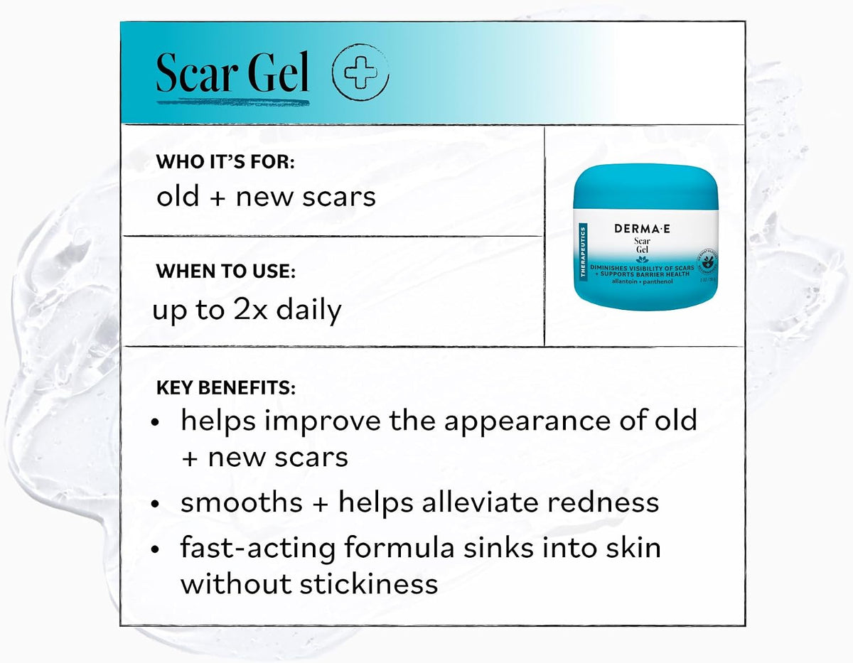 Derma E Scar Gel packaging listing key ingredients Panthenol and Allantoin