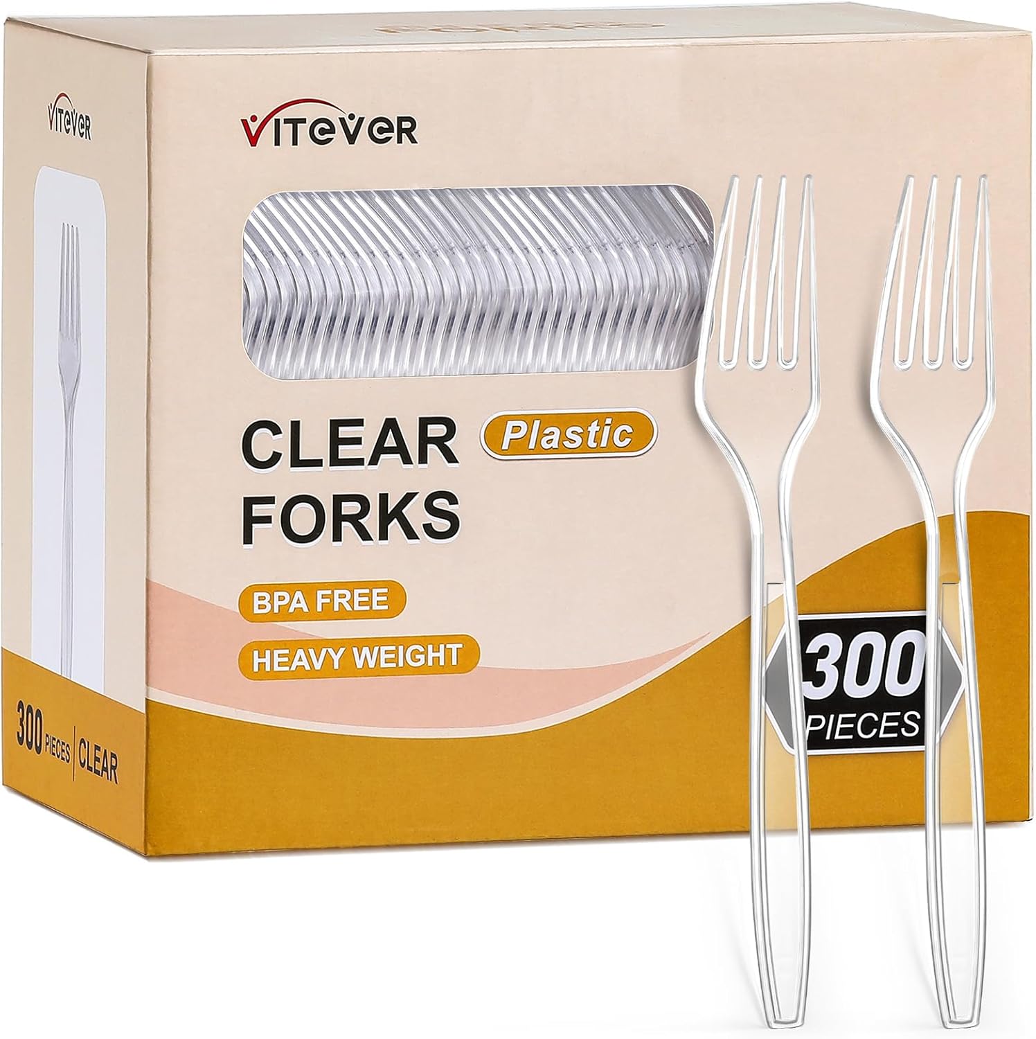 Vitever clear heavy duty plastic forks front view bulk packaging