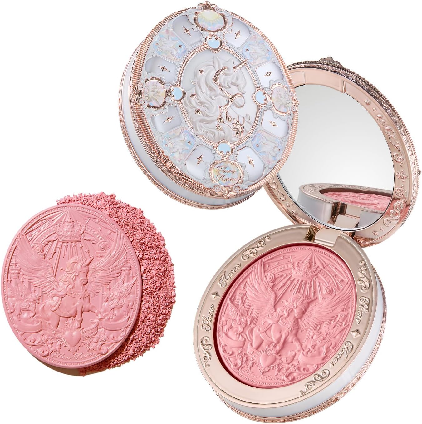 Flower Knows Knight Unicorn Satin Blush for Cheeks, Soft Coral Pink, Talc-Free Rich Color Powder Makeup, Blendable Ultra-Fine Shimmer Fresh Glow Finish, Vegan, 0.17 oz (02 Maiden Knight) - Image 1