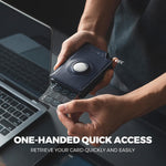 VULKIT minimalist smart wallet showing aluminum pop-up card mechanism