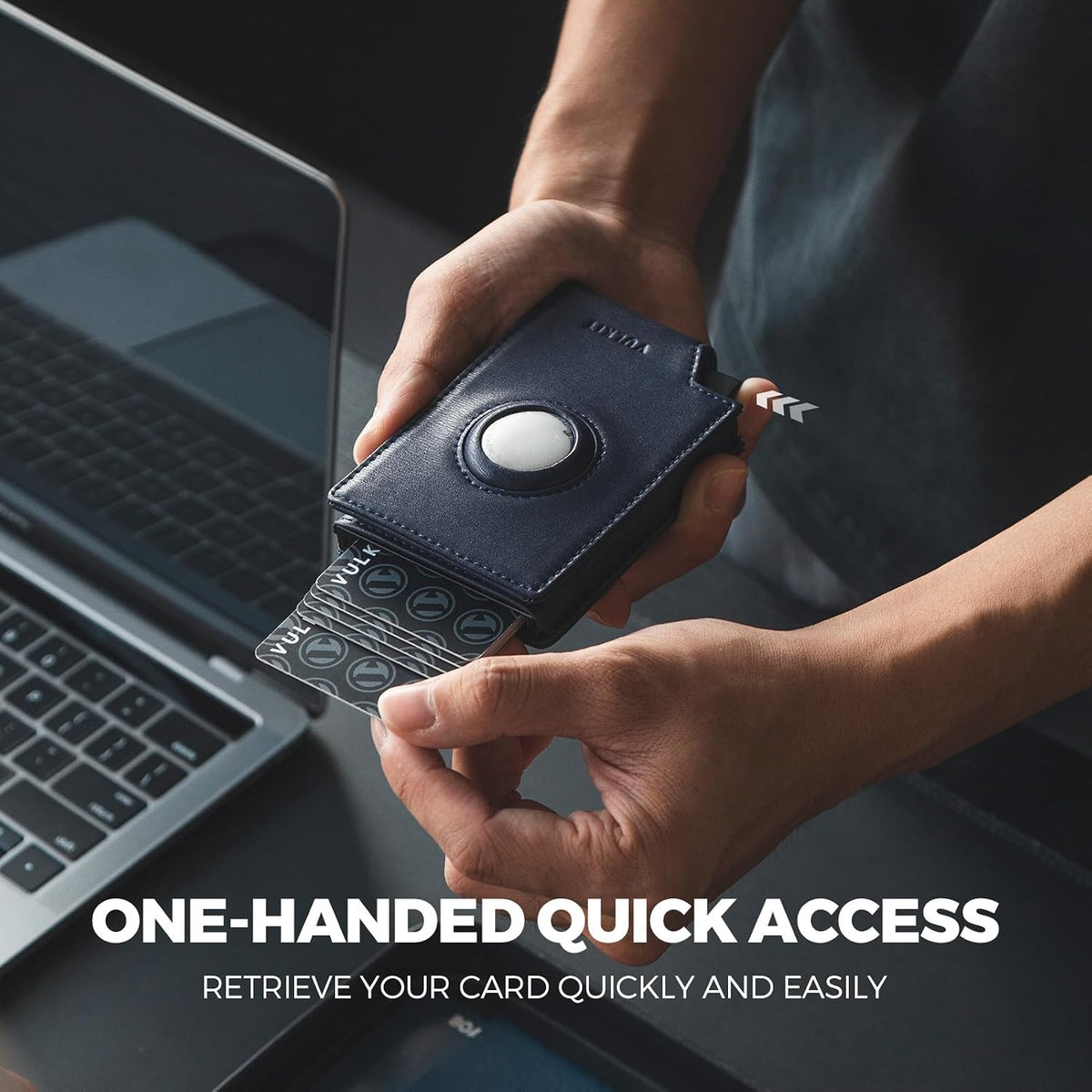 VULKIT minimalist smart wallet showing aluminum pop-up card mechanism