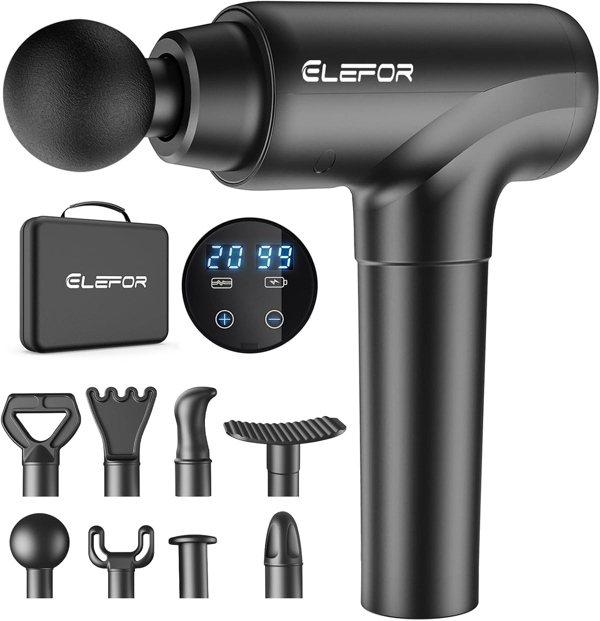 Elefor Massage Gun Deep Tissue in Matte Black front view showing premium handheld percussive massager design.