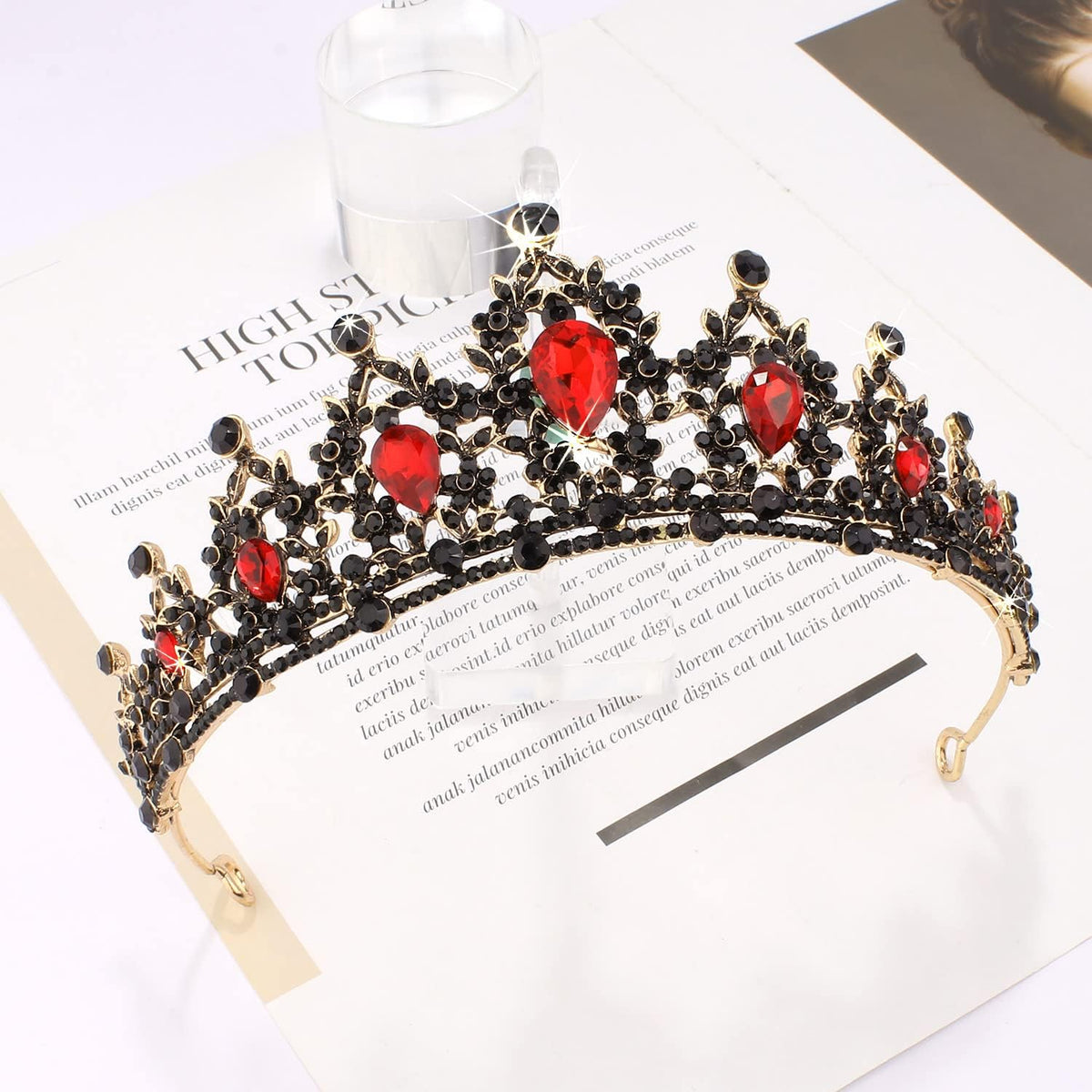 SuPoo red and black crystal queen crown side angle view