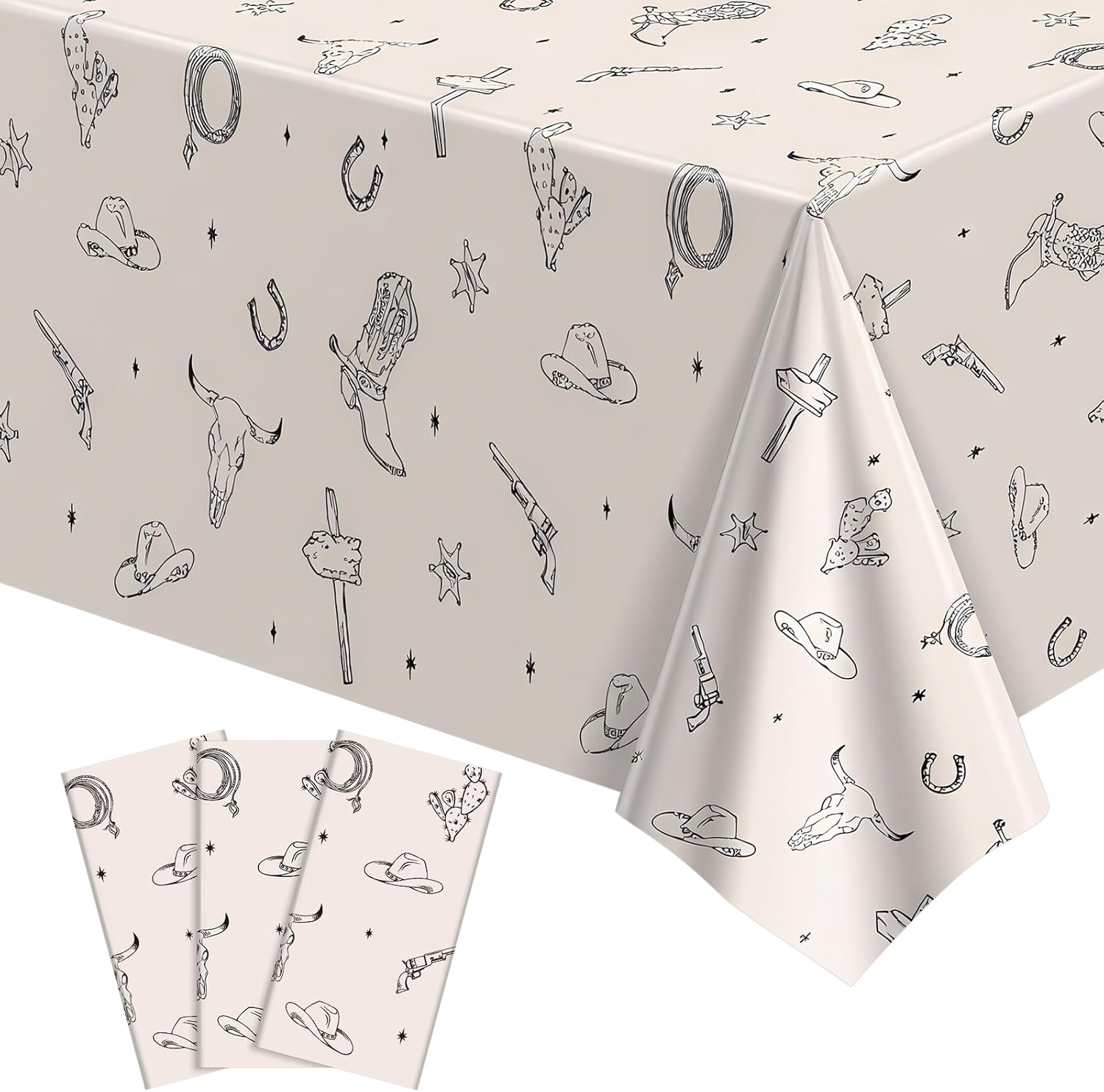 NatNarr western cowboy party decorations tablecloth front view featuring black line drawings of boots and cacti