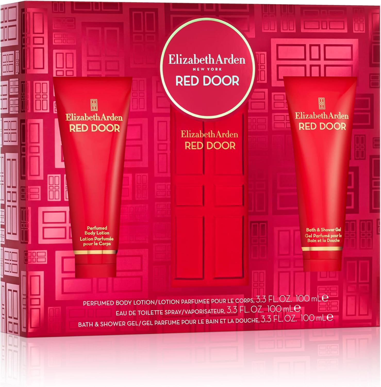 Elizabeth Arden Red Door Three Piece Women Gift Set front view showcasing the luxury perfume bottle lotion and shower gel.