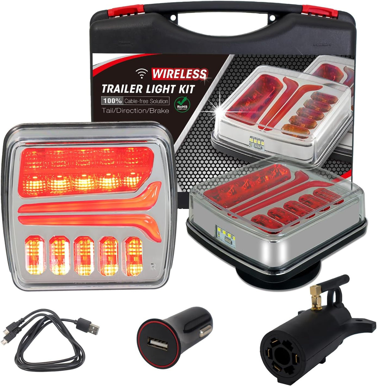 NeaLia Magnetic Wireless Trailer Lights front view showing the bright red LED lenses and durable housing.
