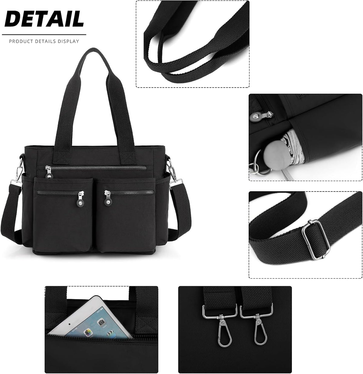 Alusbell travel tote bag side profile and zipper details