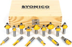 Yonico router bits set front view showcasing the wooden storage case and 15 carbide-tipped bits.