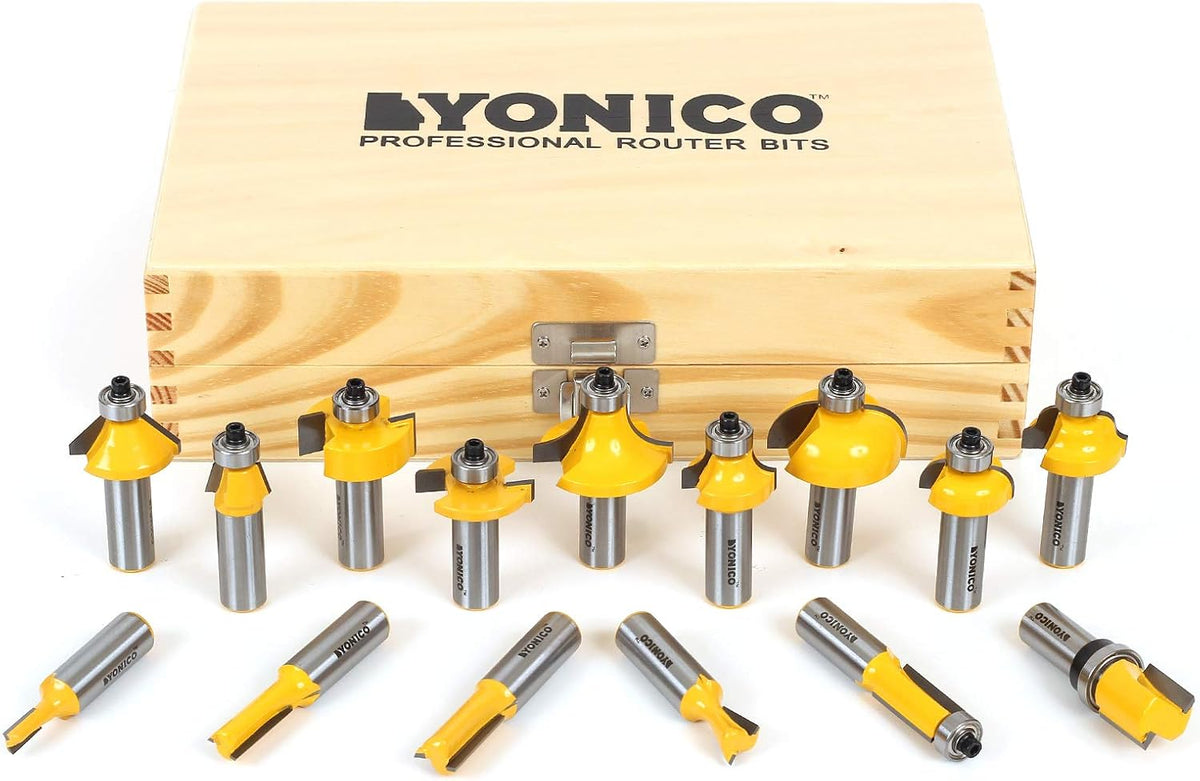 Yonico router bits set front view showcasing the wooden storage case and 15 carbide-tipped bits.