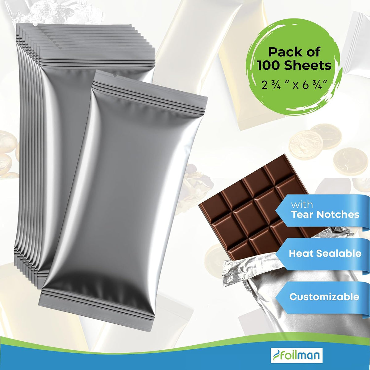 Foilman silver chocolate bar wrappers in 100 pack