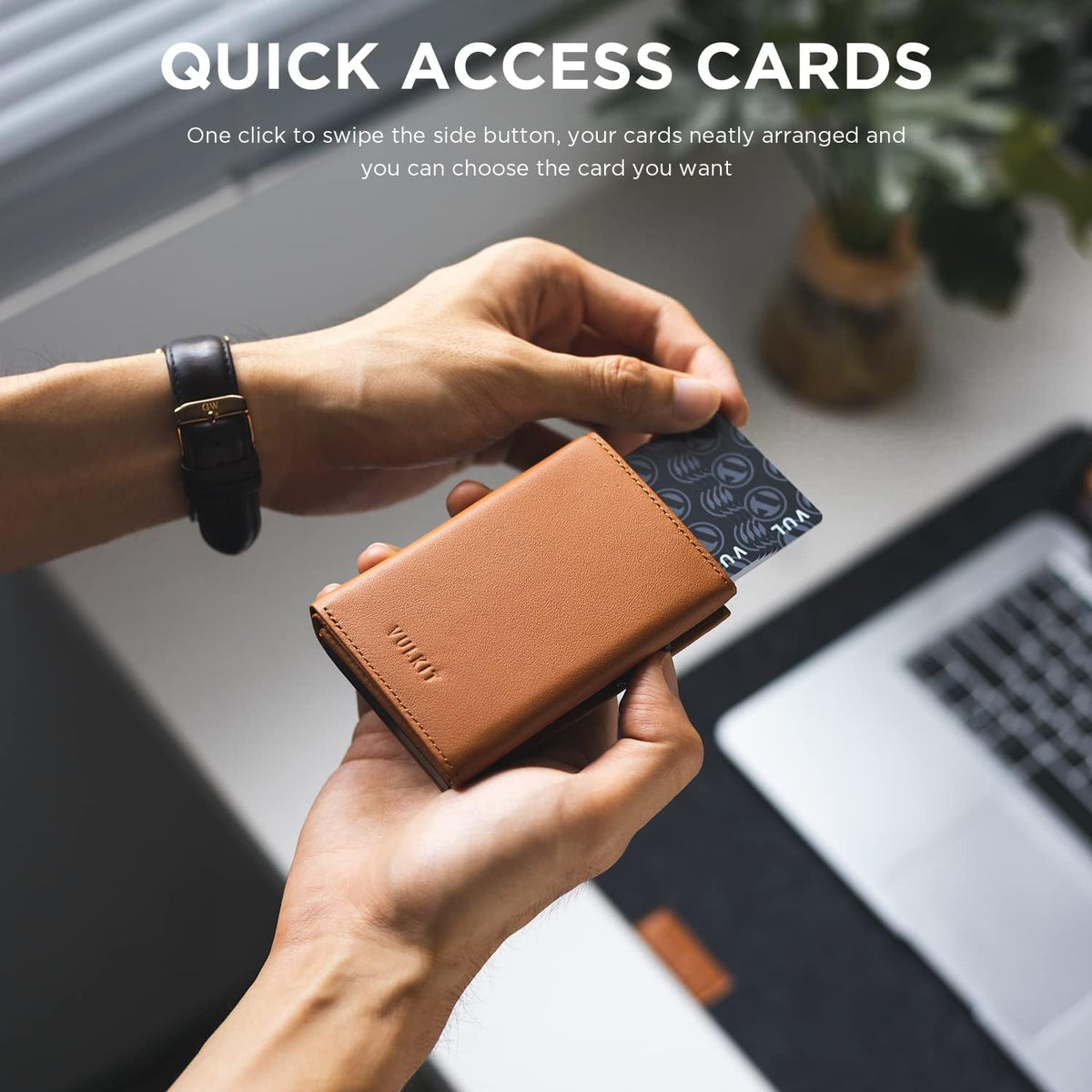 VULKIT leather wallet open interior with ID window and card slots