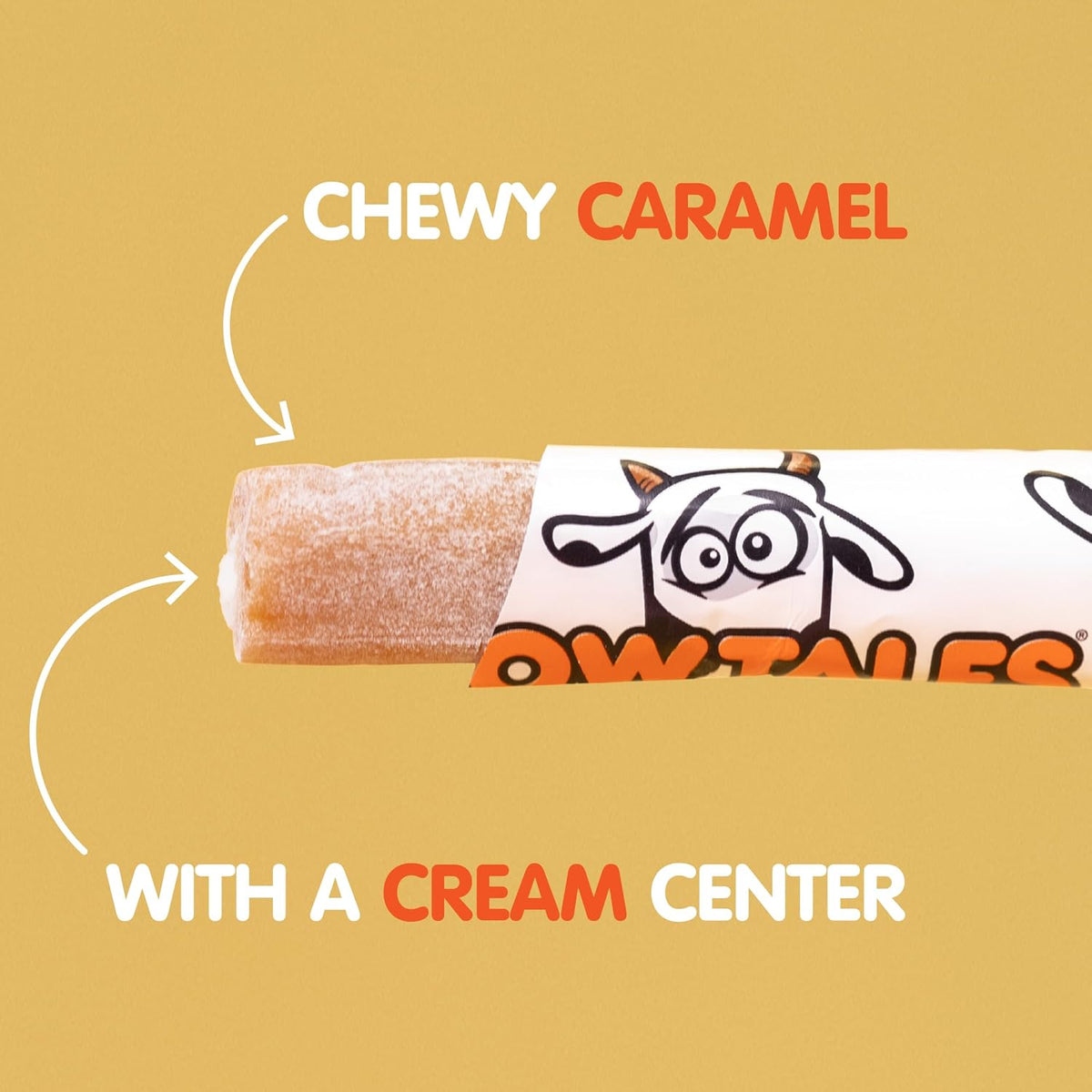 Close up view of a cut Cow Tales Mini revealing the rich vanilla cream center inside the chewy caramel.