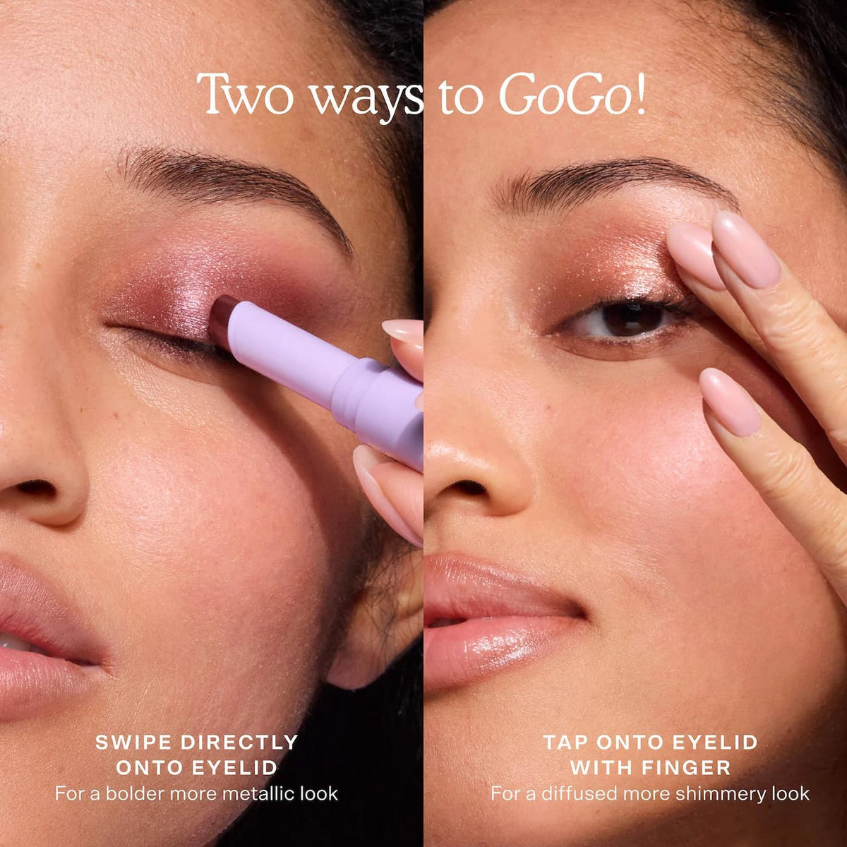 Hydrating water-based eyeshadow stick for sensitive eyes highlighting the clean formula ingredients.