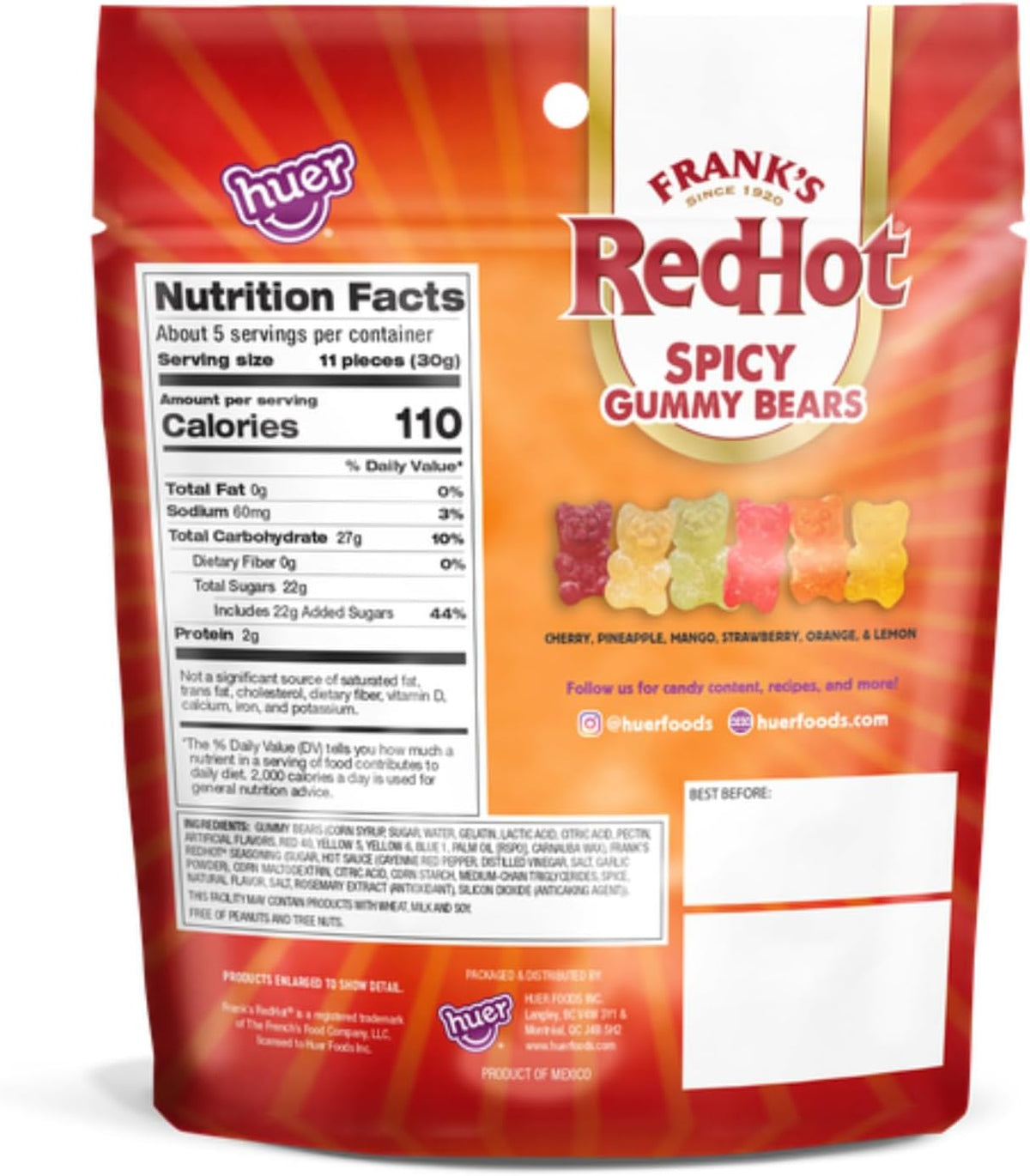 Huer - Frank's RedHot Original Spicy Gummy Bears 2 Pack - Sweet, Spicy, Salty, Fruity Candy - 6 Flavors - A Fiery Twist on Classic Gummies - 4.93oz Bags (Pack of 2) - Image 2