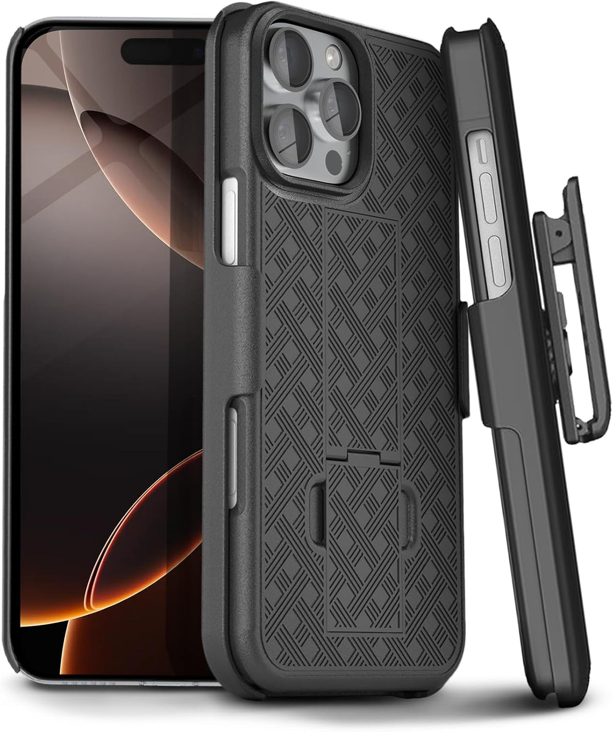 MOTIVE iPhone 16 Pro Max case front view with belt clip holster