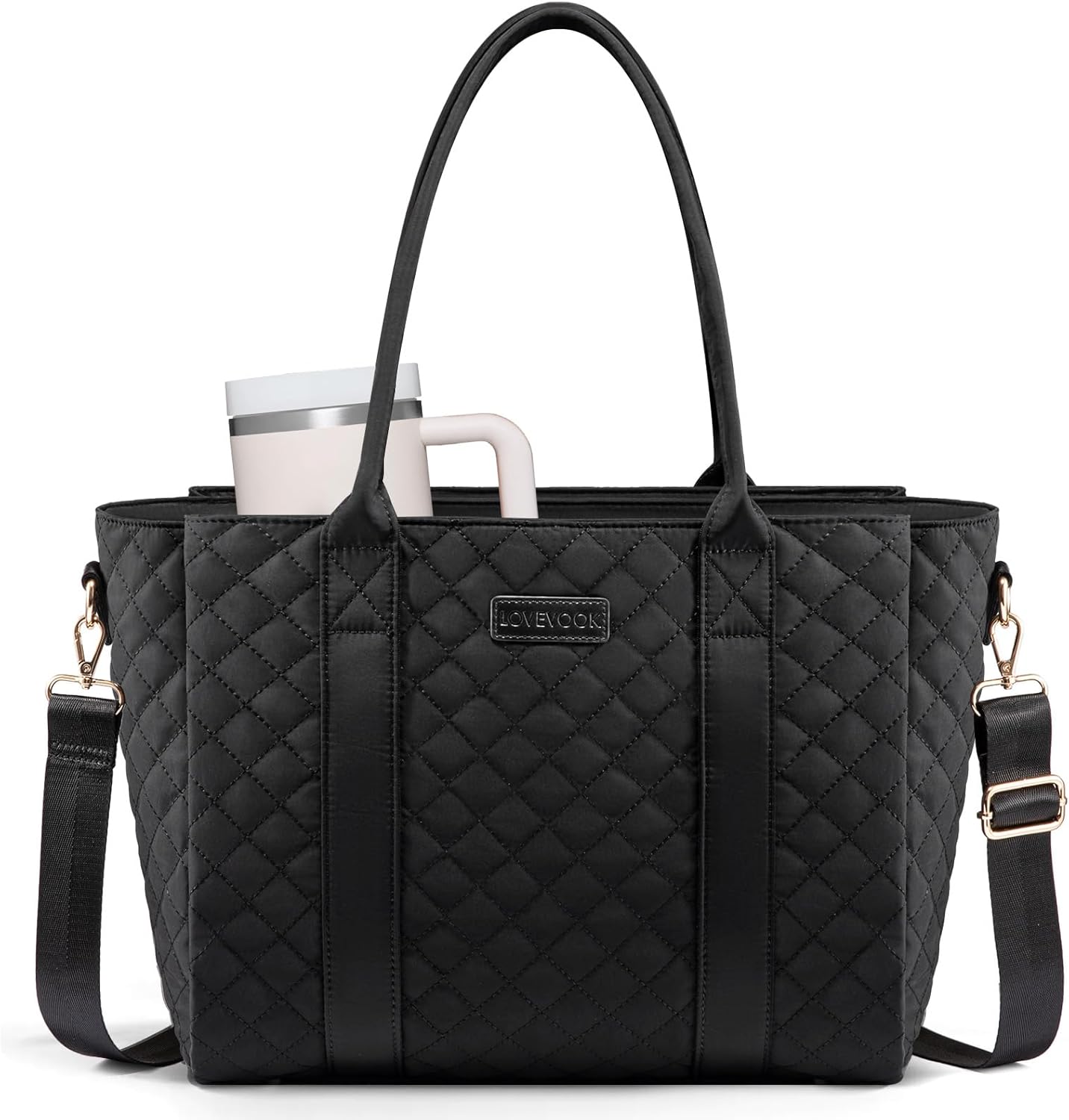 LOVEVOOK Quilted Teacher Tote Bag front view showing premium black quilted pattern and comfortable shoulder straps.