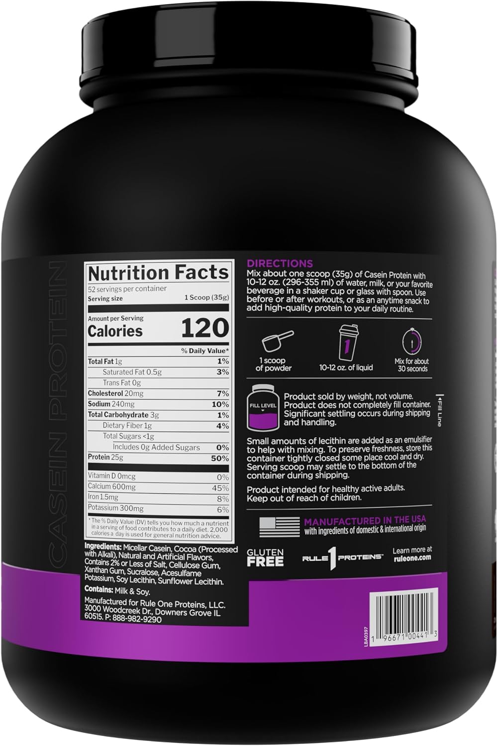 Rule 1 micellar casein powder tub nutritional label supplement facts
