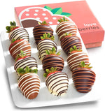 Close up of hand dipped strawberries with milk dark and white chocolate