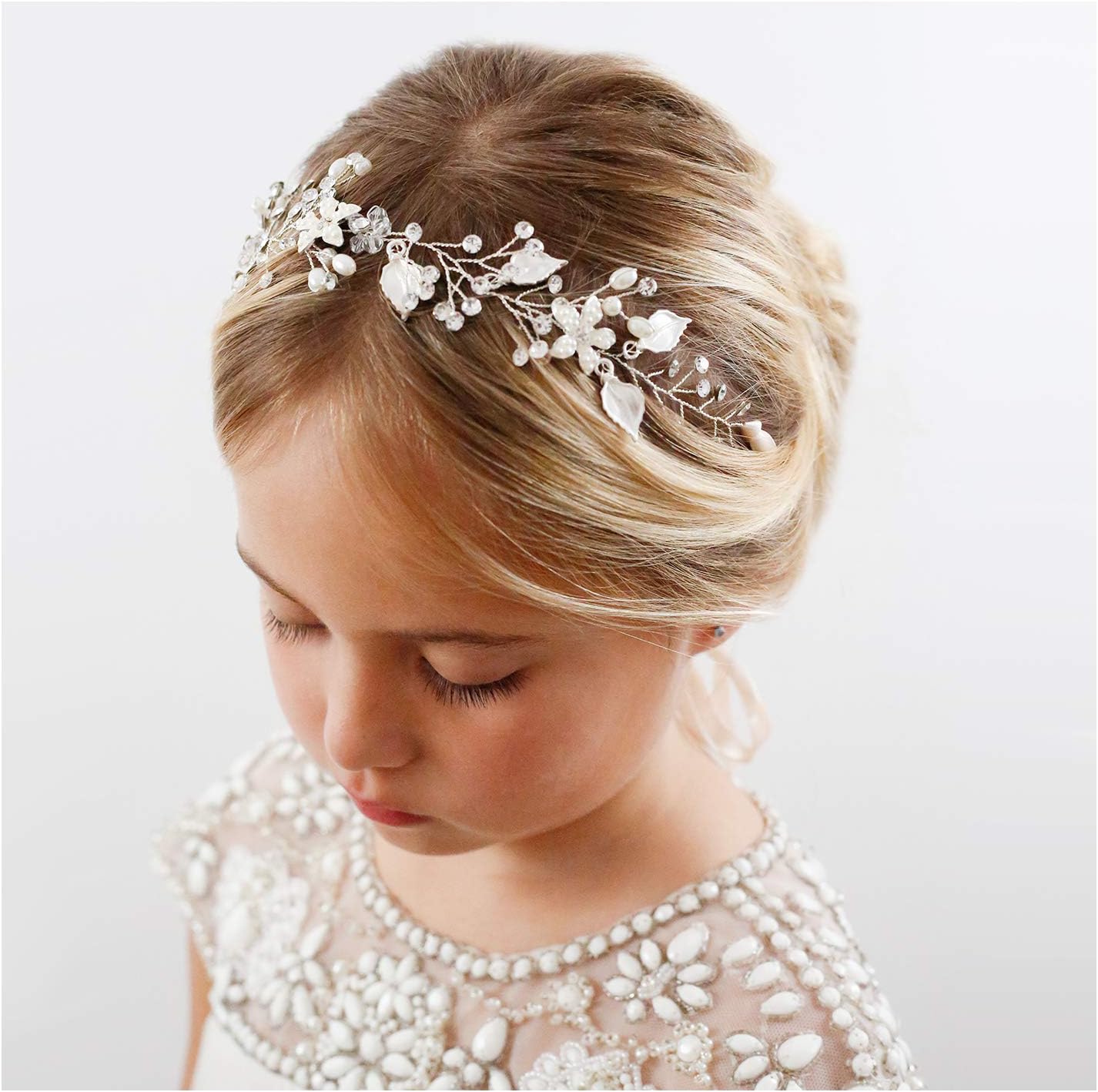 SWEETV silver flower girl headpiece front view